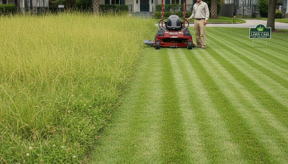 Before and after lawn mowing transformation by Chop Chop Landscaping in New Orleans, LA