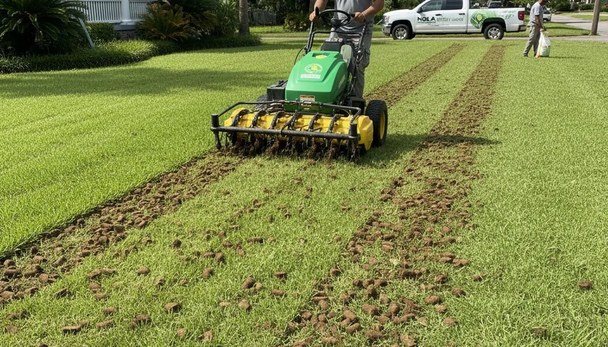 Professional lawn aeration service in New Orleans, LA with machine removing soil plugs for healthier turf