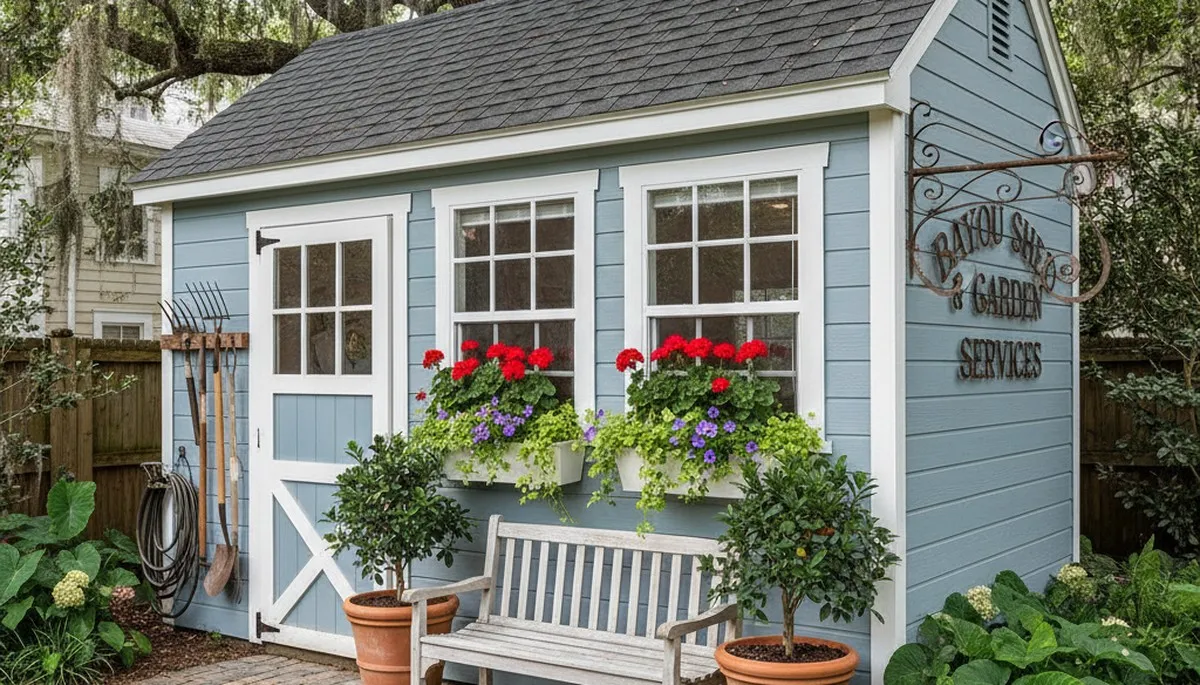 Decorative garden shed installation by Chop Chop Landscaping in New Orleans, LA enhancing yard design
