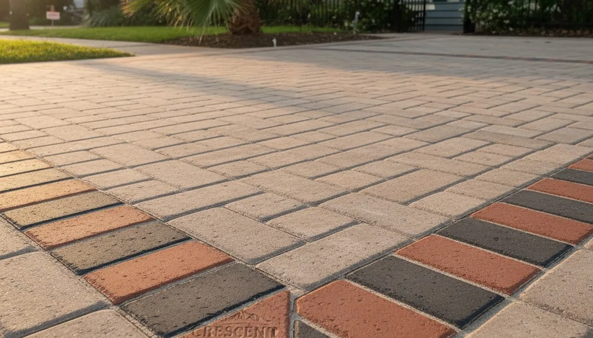 Custom soldier course driveway paver border with clean edging in New Orleans, LA landscaping project