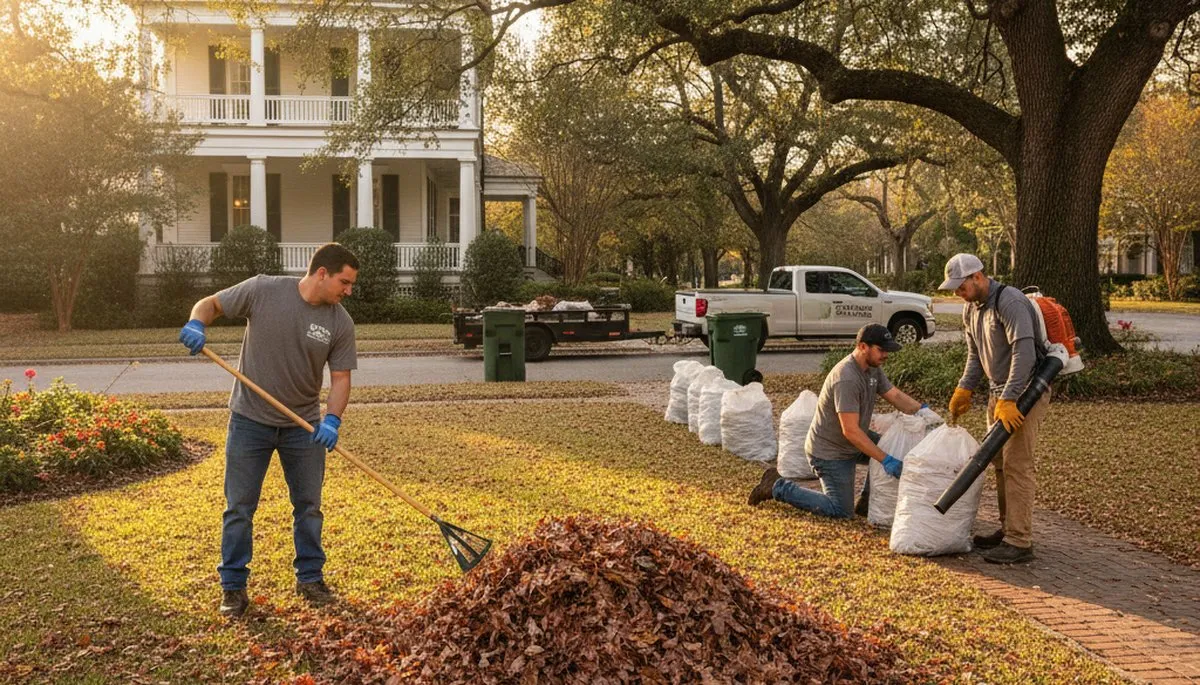 Professional landscapers raking and bagging fall leaves during yard clean up in New Orleans, LA