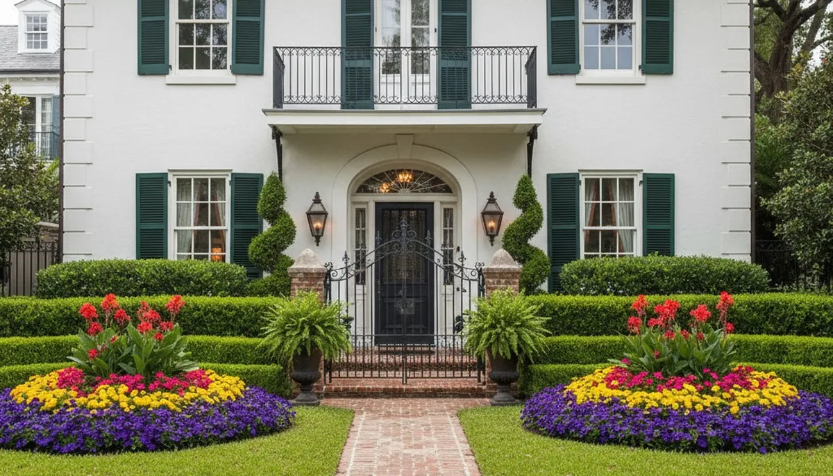 Front yard landscape design with colorful plants and shaped shrubs in New Orleans, LA