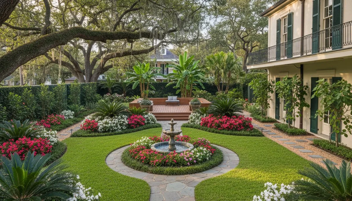 Full property landscape transformation with lush lawn and hardscape design in New Orleans, LA