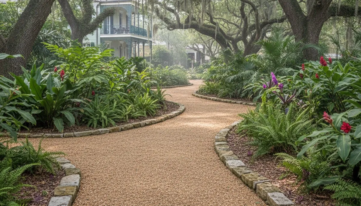 Pea gravel garden path with edging in New Orleans, LA by Chop Chop Landscaping