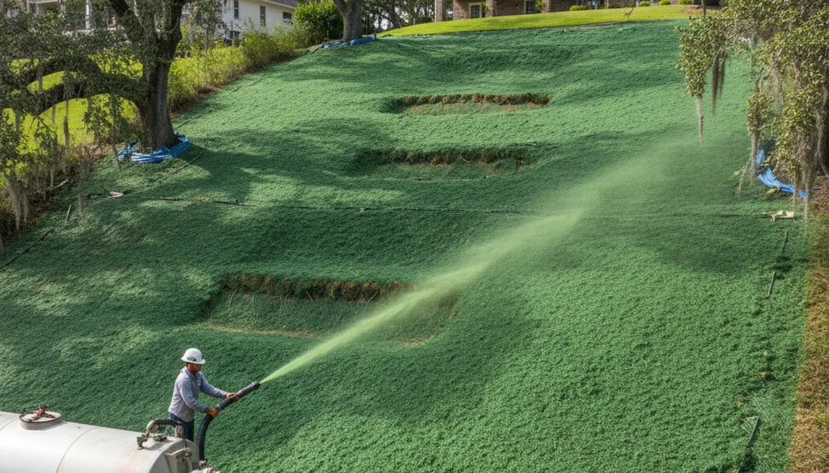 Hydroseeding hillside erosion control on sloped terrain in New Orleans, LA by Chop Chop Landscaping