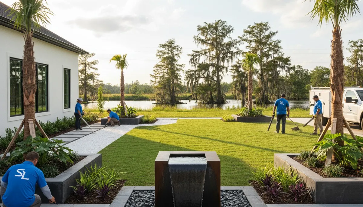 New Orleans, LA landscaping design for a residential yard with lush plants and clean hardscaping