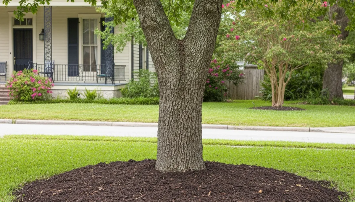 Professional circular mulch ring around tree base by Chop Chop Landscaping in New Orleans, LA