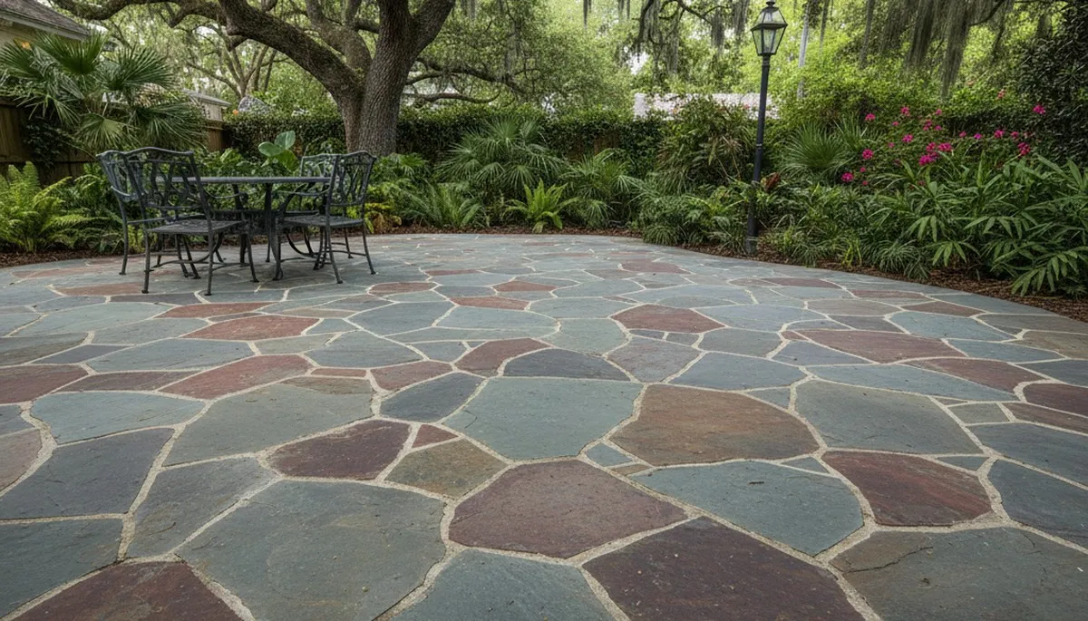 Flagstone patio with natural slate pavers installed by landscaping experts in New Orleans, LA