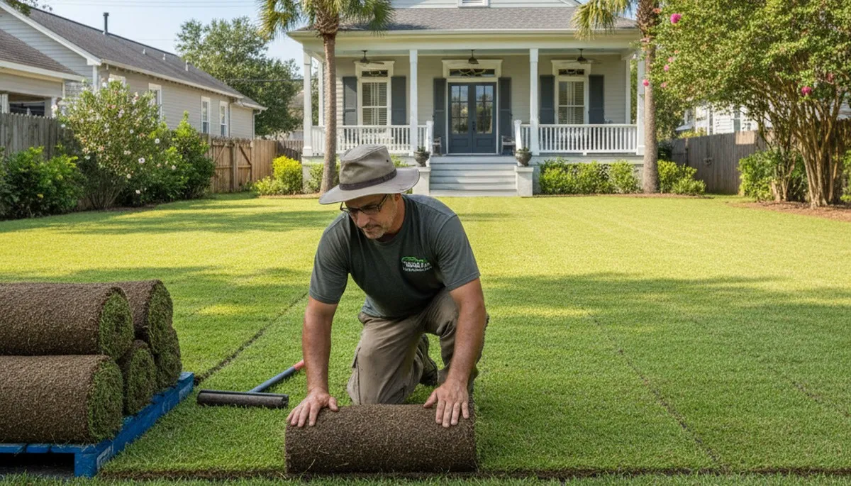 Professional landscaper installing sod rolls with precision in New Orleans, LA lawn renovation project
