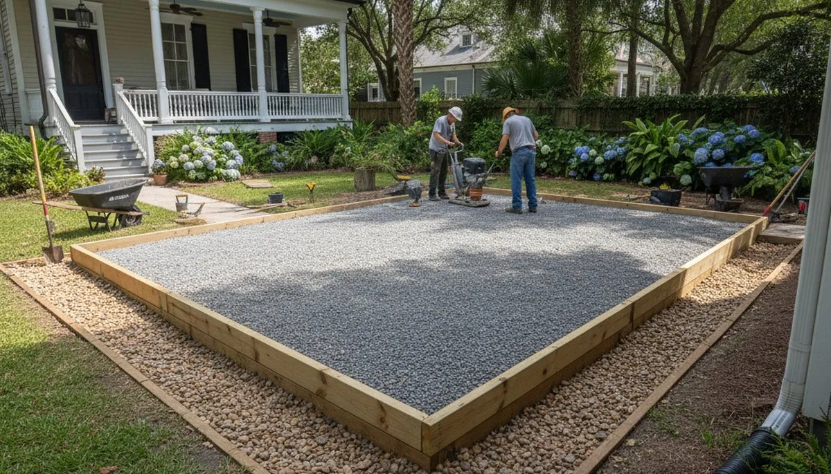 Professional shed foundation preparation with gravel base in New Orleans, LA landscaping project