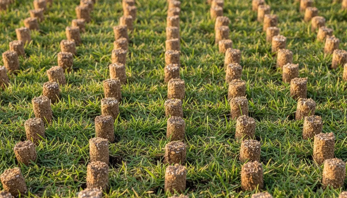 Close-up of soil core plugs after professional lawn aeration by Chop Chop Landscaping in New Orleans, LA