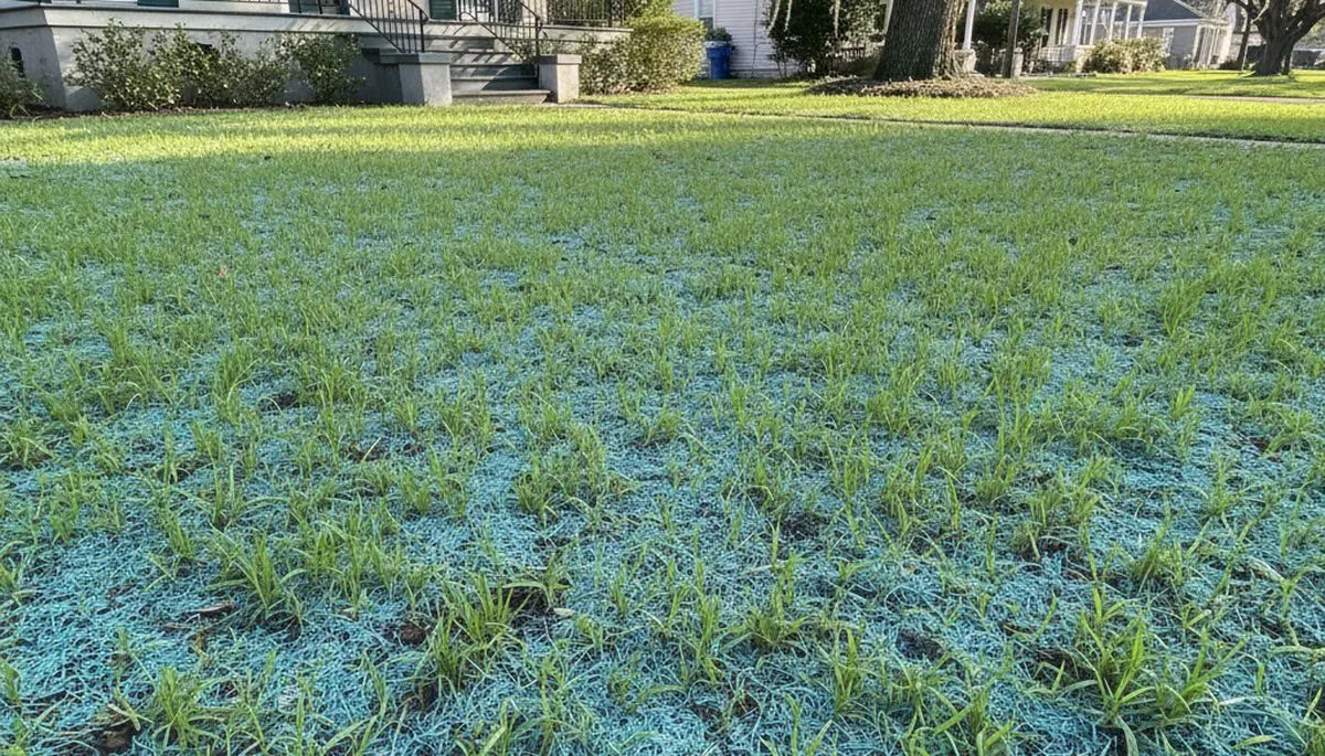 New grass seedlings sprouting from hydroseeding on a New Orleans LA lawn by Chop Chop Landscaping