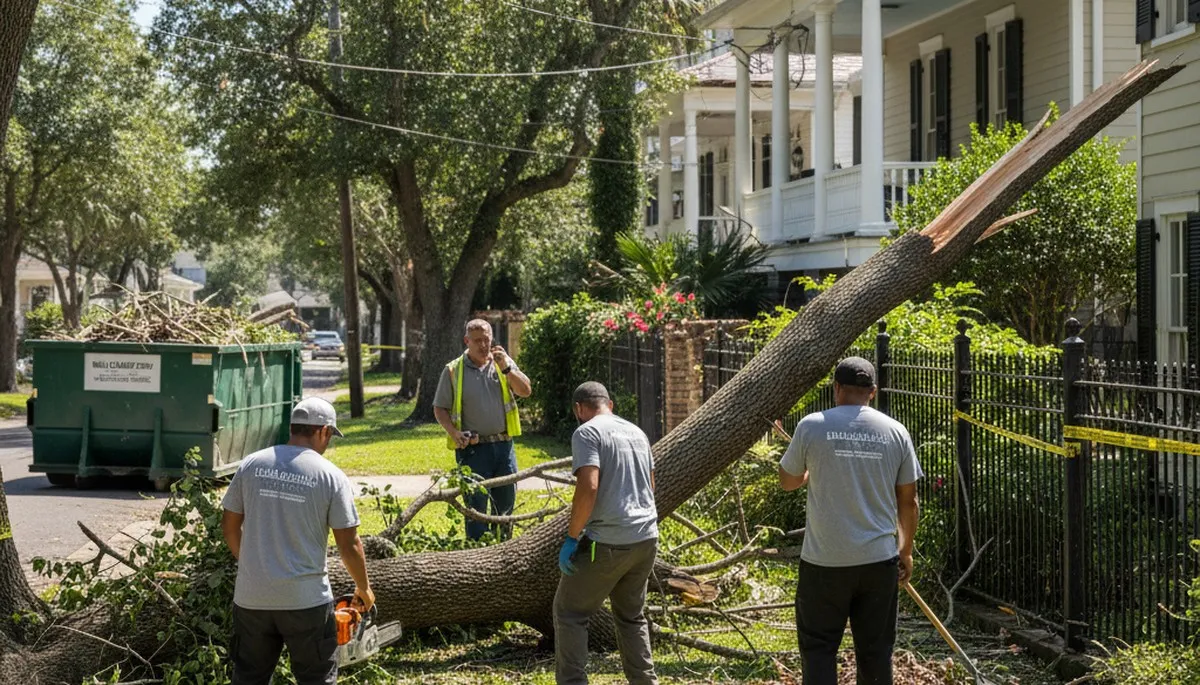 Crew clearing storm debris and branches during yard cleanup in New Orleans, LA by Chop Chop Landscaping