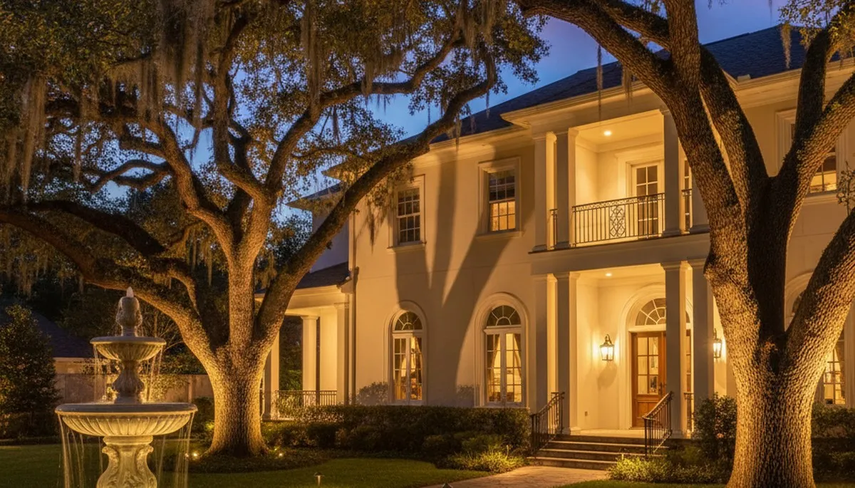 Tree uplighting with landscape lighting design in New Orleans, LA enhancing outdoor elegance at night
